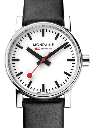 Front view of Mondaine MSE.30110.LB White Dial Black Leather Womens Watch on white background