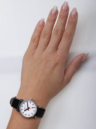 Angle shot of Mondaine MSE.30110.LB White Dial Black Leather Womens Watch on white background