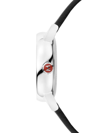 Angle shot of Mondaine MSE.30110.LB White Dial Black Leather Womens Watch on white background