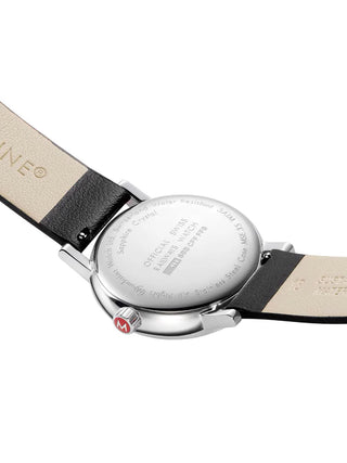Angle shot of Mondaine MSE.35110.LBV White Dial Black Leather Womens Watch on white background