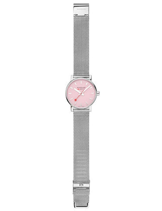 Angle shot of Mondaine MSE.35130.SM Pink Dial Silver Stainless Steel Womens Watch on white background