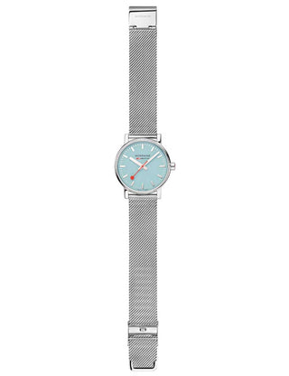 Angle shot of Mondaine MSE.35140.SM Silver Stainless Steel Unisex Watch on white background