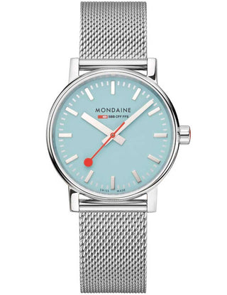 Angle shot of Mondaine MSE.35140.SM Silver Stainless Steel Unisex Watch on white background