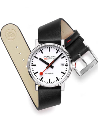 Angle shot of Mondaine MSE.35610.LBV White Dial Black Leather Womens Watch on white background