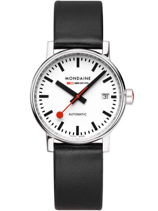 Front view of Mondaine MSE.35610.LBV White Dial Black Leather Womens Watch on white background