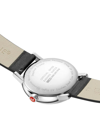 Angle shot of Mondaine MSE.40110.LBV White Dial Black Leather Unisex Watch on white background