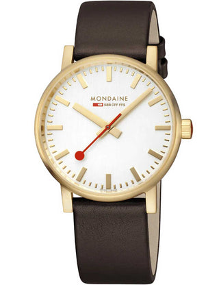 Front view of Mondaine MSE.40112.LGV Silver Dial Brown Leather Unisex Watch on white background