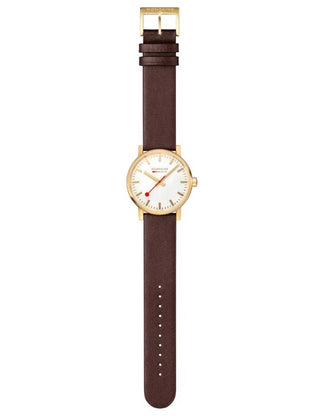 Angle shot of Mondaine MSE.40112.LGV Silver Dial Brown Leather Unisex Watch on white background