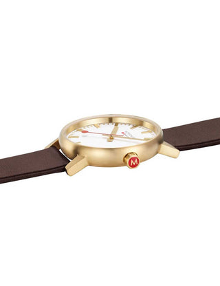 Angle shot of Mondaine MSE.40112.LGV Silver Dial Brown Leather Unisex Watch on white background