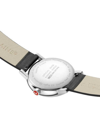 Angle shot of Mondaine MSE.40210.LBV White Dial Black Leather Unisex Watch on white background