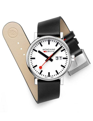 Angle shot of Mondaine MSE.40210.LBV White Dial Black Leather Unisex Watch on white background