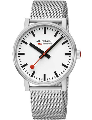 Front view of Mondaine MSE.43110.SJ White Dial Silver Stainless Steel Unisex Watch on white background