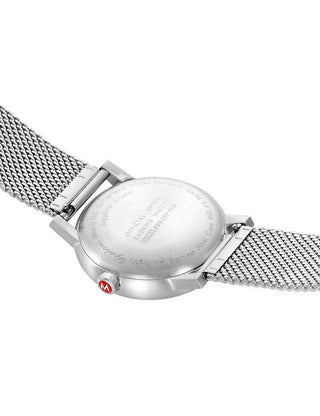 Angle shot of Mondaine MSE.43110.SJ White Dial Silver Stainless Steel Unisex Watch on white background