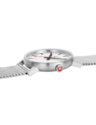 Angle shot of Mondaine MSE.43110.SJ White Dial Silver Stainless Steel Unisex Watch on white background