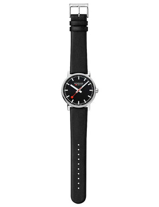 Angle shot of Mondaine MSE.43120.LB Black Leather Unisex Watch on white background