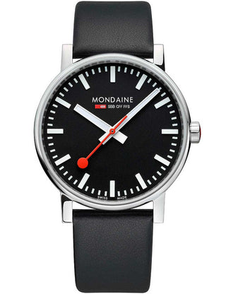 Angle shot of Mondaine MSE.43120.LB Black Leather Unisex Watch on white background