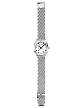 Angle shot of Mondaine MSL.31110.SM White Dial Silver Stainless Steel Womens Watch on white background