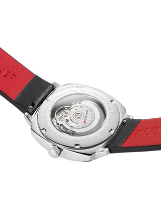 Angle shot of Mondaine MSL.3961B.LBV White Dial Black Leather Unisex Watch on white background