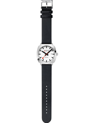 Angle shot of Mondaine MSL.3961B.LBV White Dial Black Leather Unisex Watch on white background