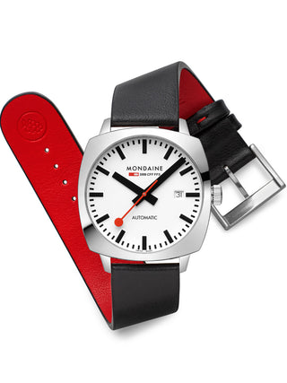 Angle shot of Mondaine MSL.3961B.LBV White Dial Black Leather Unisex Watch on white background