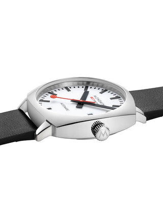 Angle shot of Mondaine MSL.3961B.LBV White Dial Black Leather Unisex Watch on white background