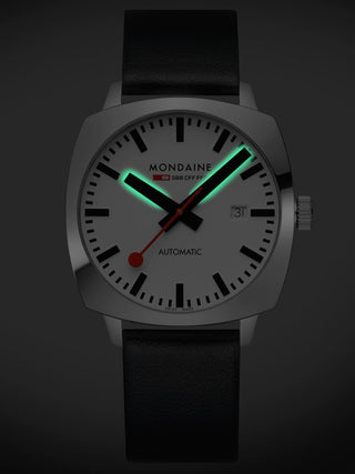 Angle shot of Mondaine MSL.3961B.LBV White Dial Black Leather Unisex Watch on white background