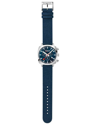 Angle shot of Mondaine Chronograph MSL.41440.LD.SET Blue Stainless Steel Unisex Watch on white background