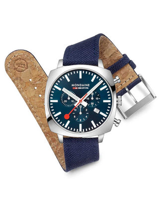 Angle shot of Mondaine Chronograph MSL.41440.LD.SET Blue Stainless Steel Unisex Watch on white background