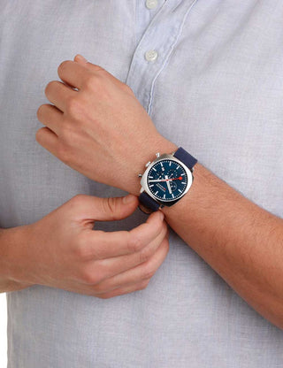 Angle shot of Mondaine Chronograph MSL.41440.LD.SET Blue Stainless Steel Unisex Watch on white background