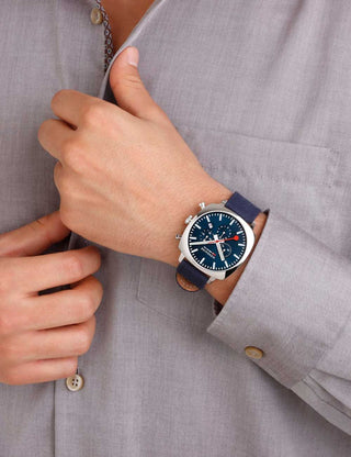 Angle shot of Mondaine Chronograph MSL.41440.LD.SET Blue Stainless Steel Unisex Watch on white background