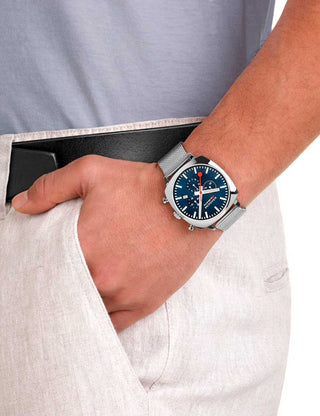 Angle shot of Mondaine Chronograph MSL.41440.LD.SET Blue Stainless Steel Unisex Watch on white background