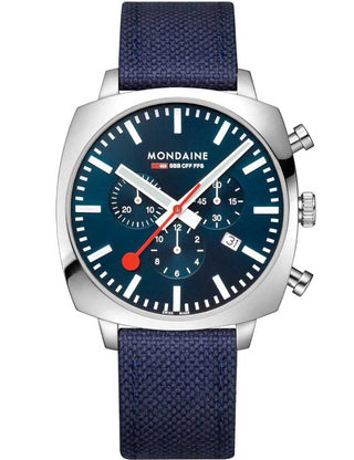 Angle shot of Mondaine Chronograph MSL.41440.LD.SET Blue Stainless Steel Unisex Watch on white background