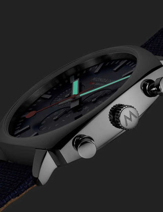 Angle shot of Mondaine Chronograph MSL.41440.LD.SET Blue Stainless Steel Unisex Watch on white background