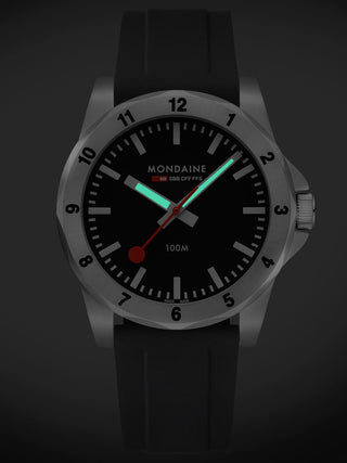 Angle shot of Mondaine MSN.42120.RB Black Silicone Unisex Watch on white background