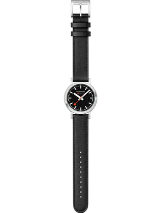 Angle shot of Mondaine MST.34020.LBV.SET Black Leather Womens Watch on white background