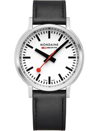 Front view of Mondaine MST.4101B.LBV.2SE White Dial Black Leather Unisex Watch on white background