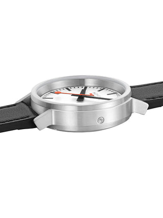 Angle shot of Mondaine MST.4101B.LBV.2SE White Dial Black Leather Unisex Watch on white background