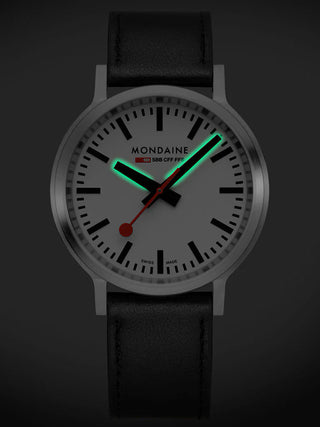 Angle shot of Mondaine MST.4101B.LBV.2SE White Dial Black Leather Unisex Watch on white background