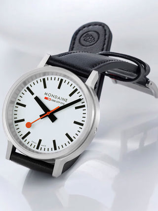 Angle shot of Mondaine MST.4101B.LBV.2SE White Dial Black Leather Unisex Watch on white background