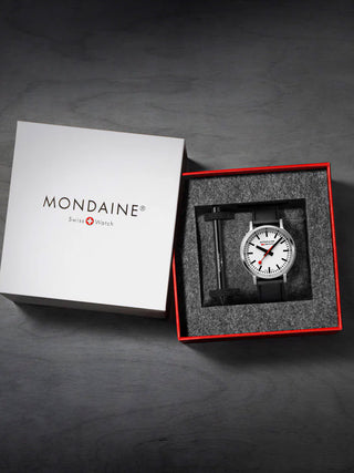 Angle shot of Mondaine MST.4101B.LBV.2SE White Dial Black Leather Unisex Watch on white background