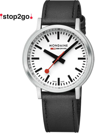 Angle shot of Mondaine MST.4101B.LBV.2SE White Dial Black Leather Unisex Watch on white background