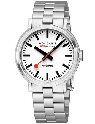 Front view of Mondaine MST.4161B.SJ White Dial Silver Stainless Steel Unisex Watch on white background