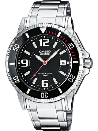 Front view of Casio Diver Neobrite Black MTD-1053D-1AVES Black Dial Silver Stainless Steel Unisex Watch on white background