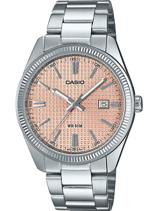Front view of Casio Date Golf Ball Dial Pink Salmon MTP-1302PE-4AVEF Silver Stainless Steel Unisex Watch on white background