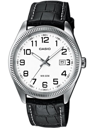 Front view of Casio Date Leather White Numbers MTP-1302PL-7BVEF White Dial Black Leather Unisex Watch on white background