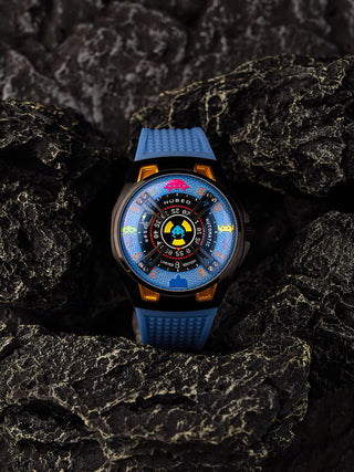 Angle shot of Nubeo NB-6099-SI-03 Black Dial Blue Silicone Unisex Watch on white background