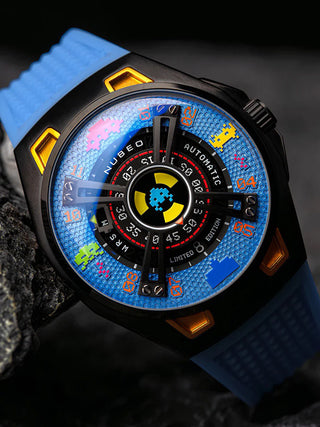 Angle shot of Nubeo NB-6099-SI-03 Black Dial Blue Silicone Unisex Watch on white background