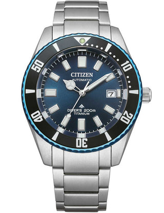 Front view of Citizen NB6026-56L Blue Dial Silver Titanium Unisex Watch on white background