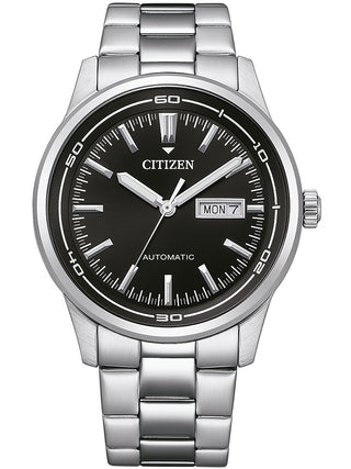 Front view of Citizen NH8400-87EE Black Dial Silver Stainless Steel Unisex Watch on white background