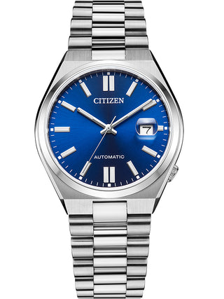 Front view of Citizen Tsuyosa Automatic Blue Navy NJ0150-81L Blue Dial Silver Stainless Steel Unisex Watch on white background